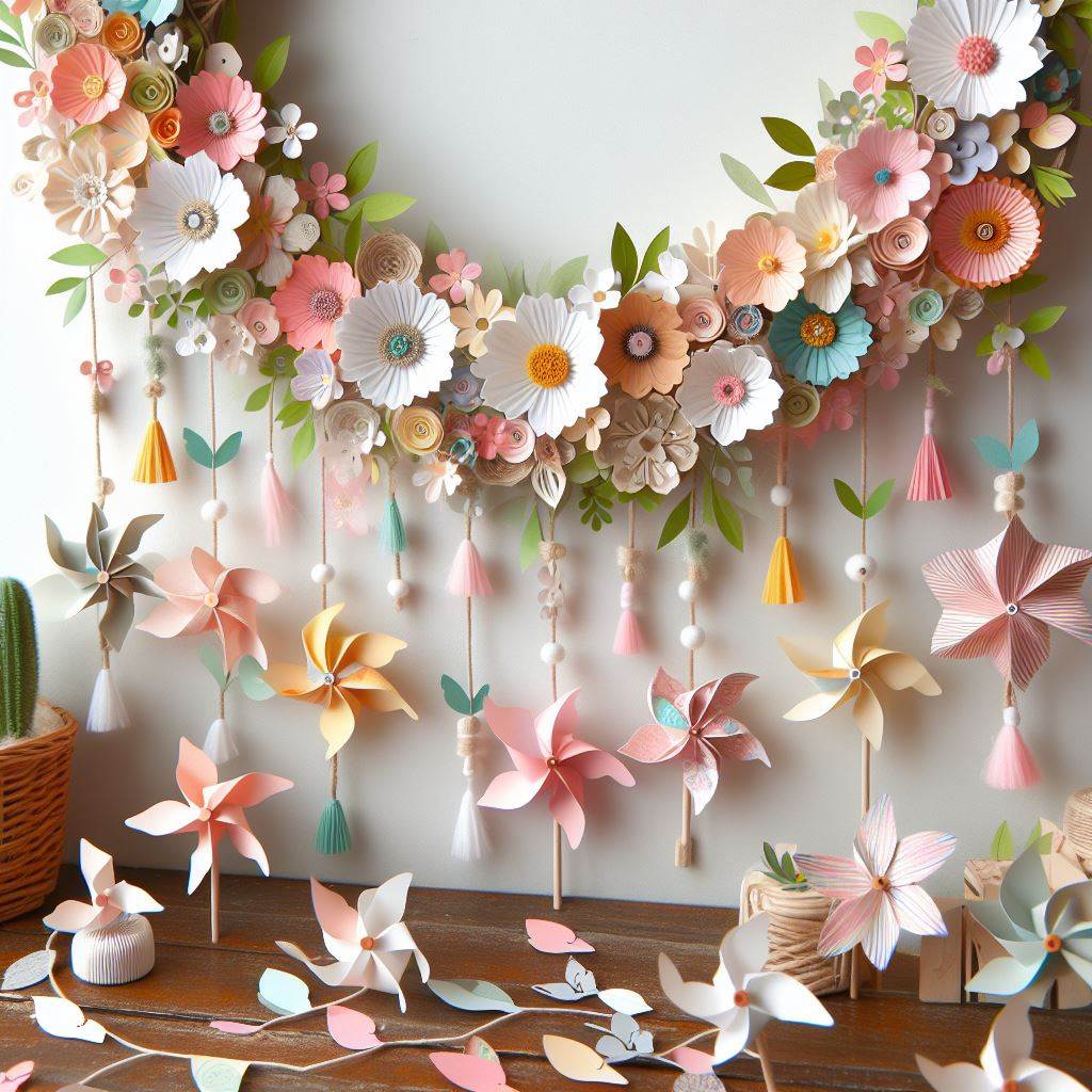A Whimsical Spring Garland with Paper Flowers and Pinwheels