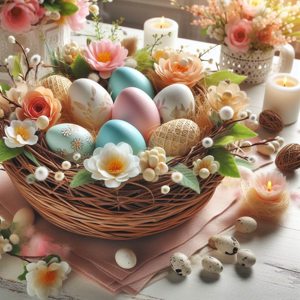 A Springtime Centerpiece with a Nest and Colorful Eggs