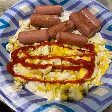 Halloween Breakfast Bloody Scrambled Eggs and Sausage Fingers