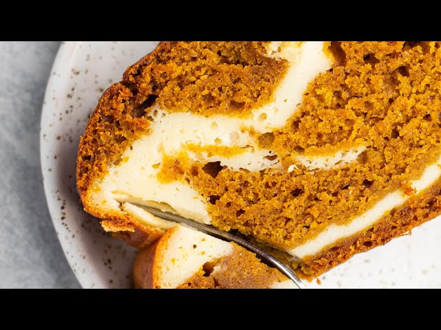 Halloween Breakfast Pumpkin Breakfast Loaf with Cream Cheese Swirl