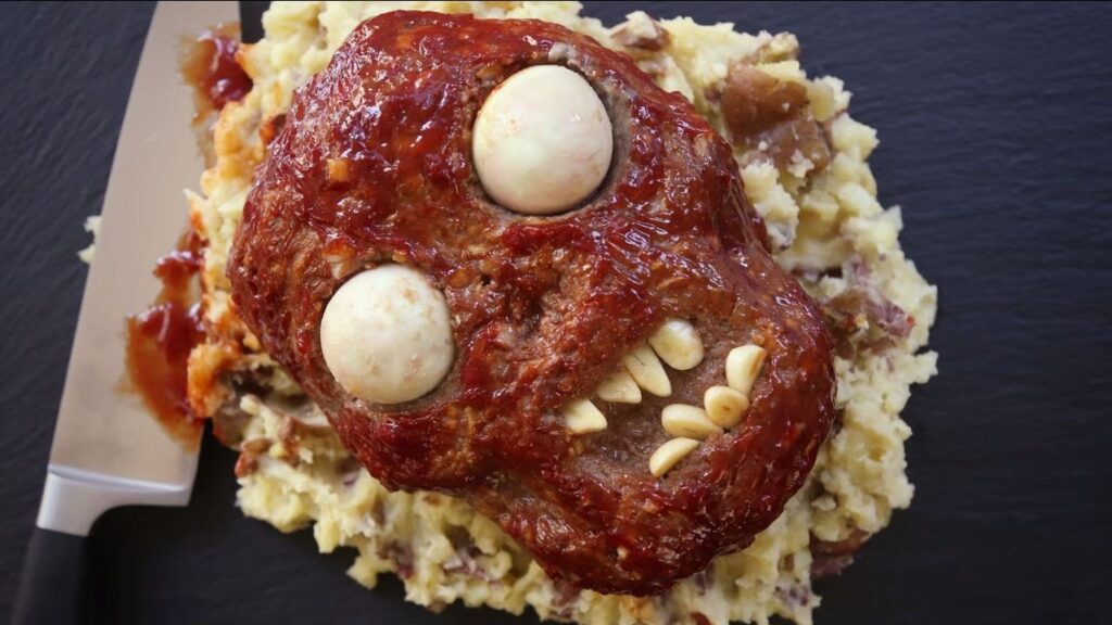 Halloween Dinner with Zombie Meatloaf Hand