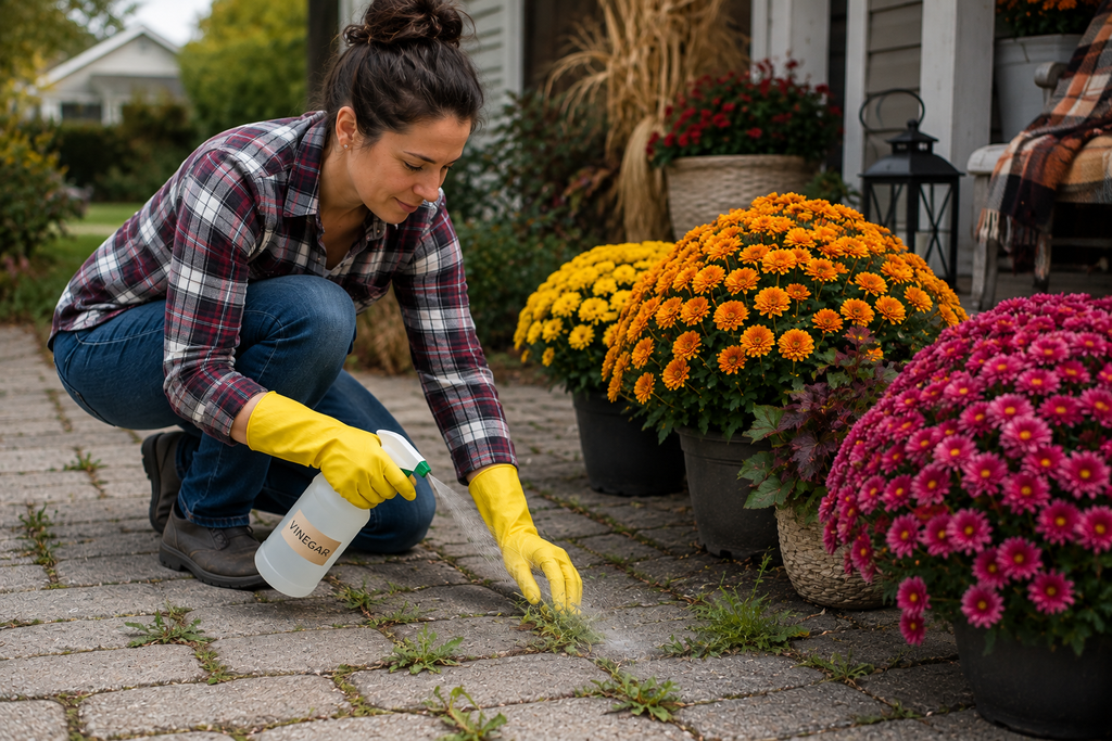 How to Use Vinegar to Clear Patio Weeds Without Harming Surrounding Fall Mums