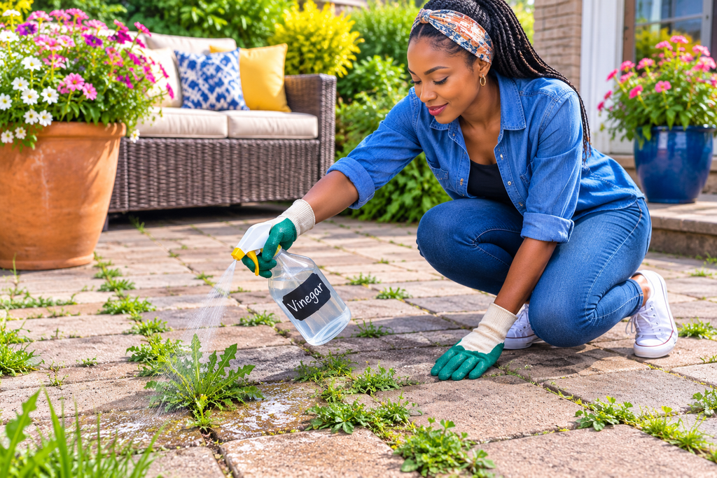 How to Use Vinegar to Clear Patio Weeds Without Harming Surrounding Fall Mums