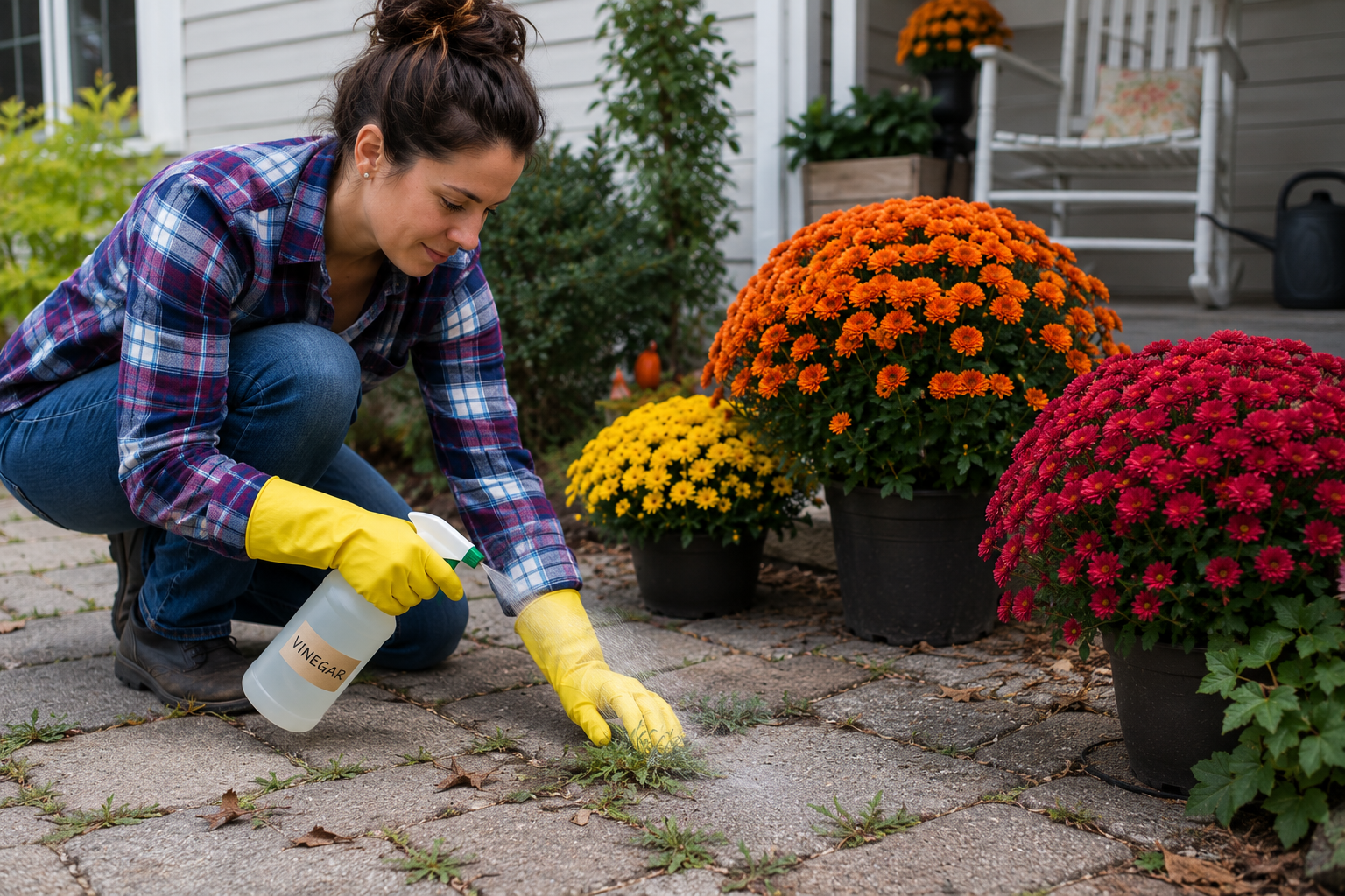 How to Use Vinegar to Clear Patio Weeds Without Harming Surrounding Fall Mums